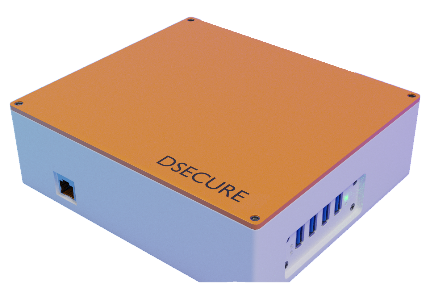 DSECURE gateway with orange enclosure, Ethernet connection and USB ports